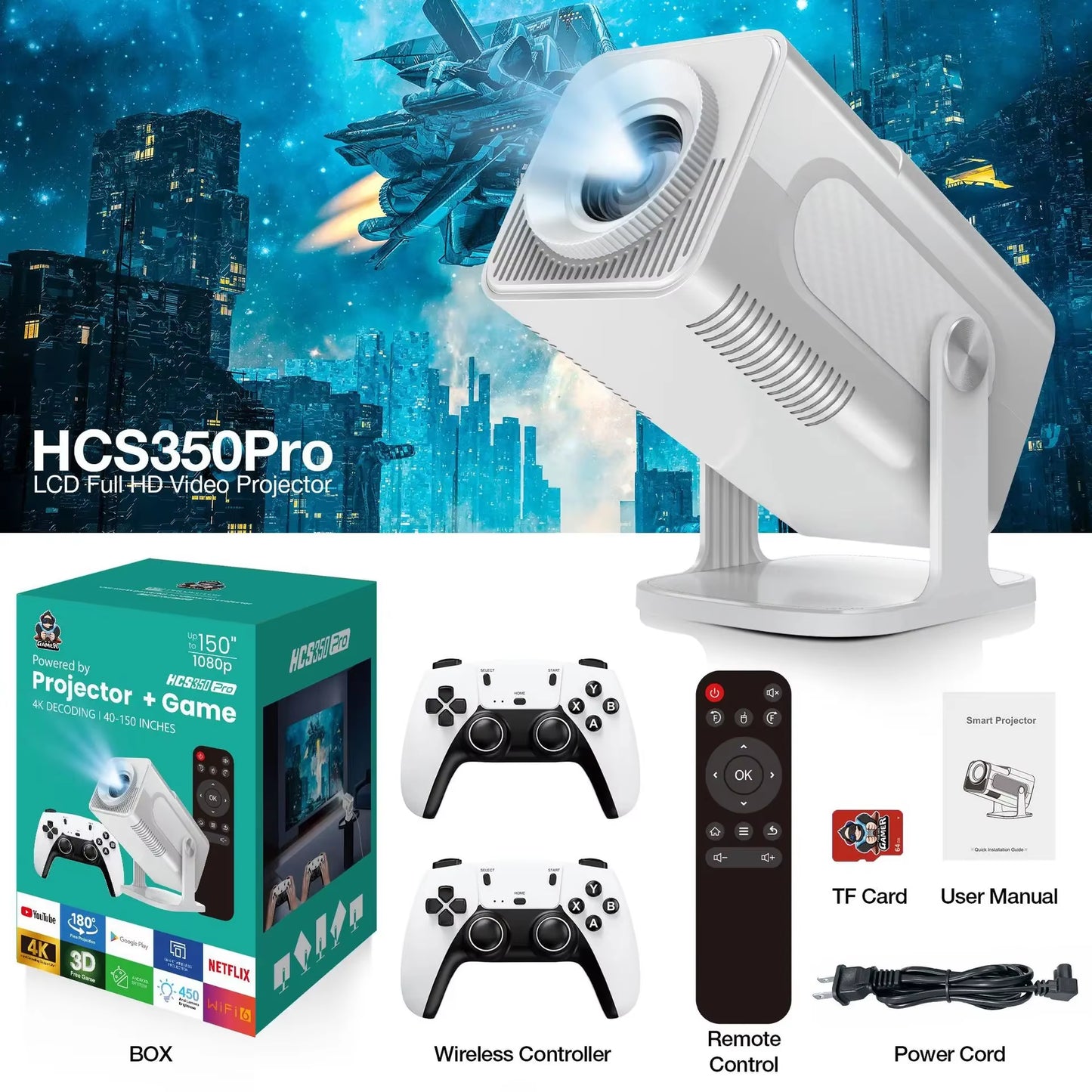 HCS350 Pro Game Consoles Projector WIFI Portable Intelligent Beamer Quad Core ARM Cortex-A53 Support GB PS1 PSP NES SFC Games